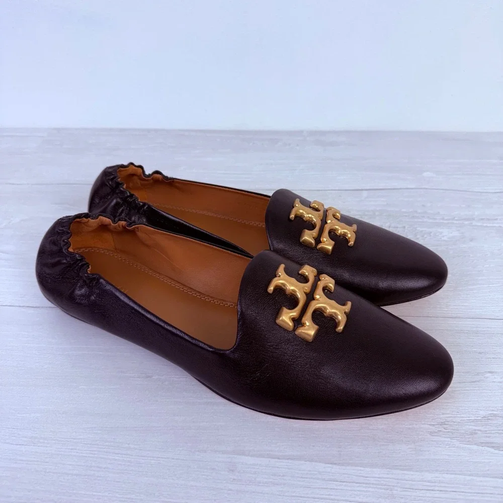 Tory Burch Eleanor Loafers Flats‎ Size 11 Black Leather Gold Logo Classic Chic